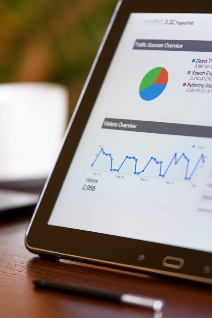 Close-up of a tablet displaying analytics charts on a wooden office desk, alongside a smartphone and coffee cup.